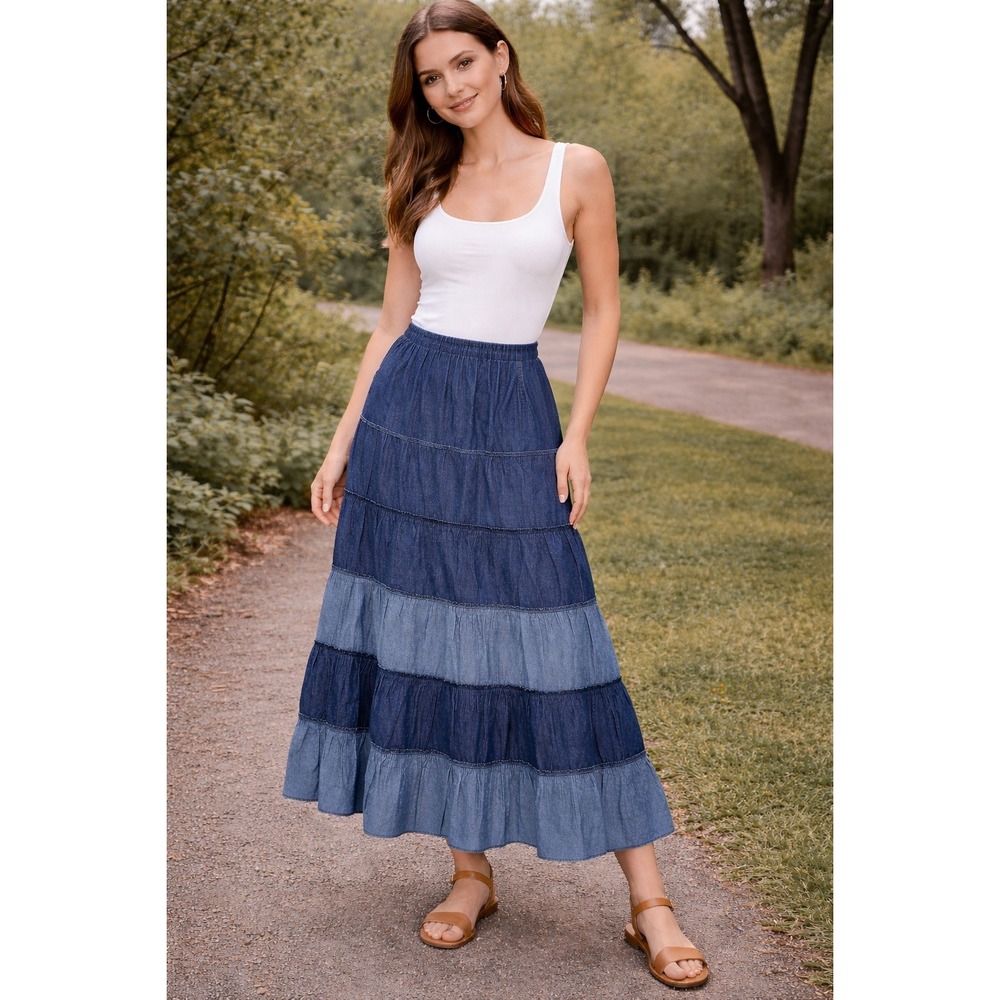 Tiered Maxi Skirt Women Small Blue Denim Boho Cottagecore Cowgirl Festival